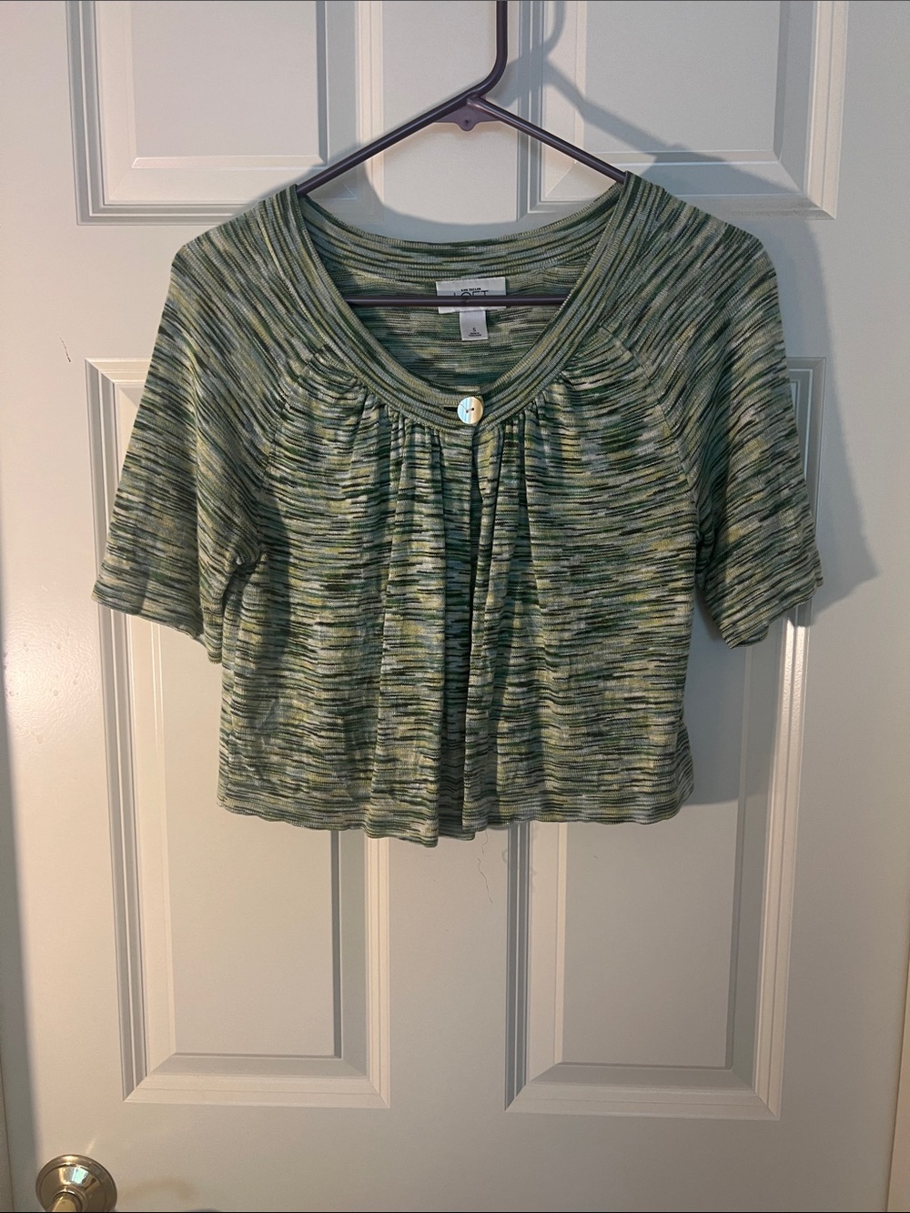 LOFT Green Heathered Short Sleeve Cropped Cardigan